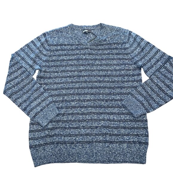 NWT Commerce Sweater Men's XXL Navy Blue Striped Cotton Blend V-Neck Knit Marled - Picture 1 of 8